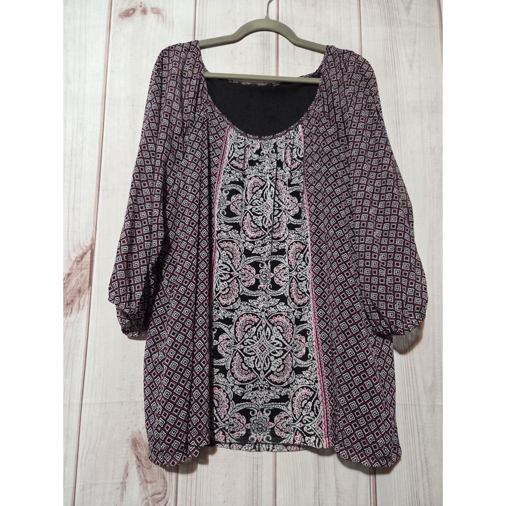 Apt 9 Womens 3X Mesh Cold Shoulder Blouse Mixed‎ Geometric Paisley Pink Black